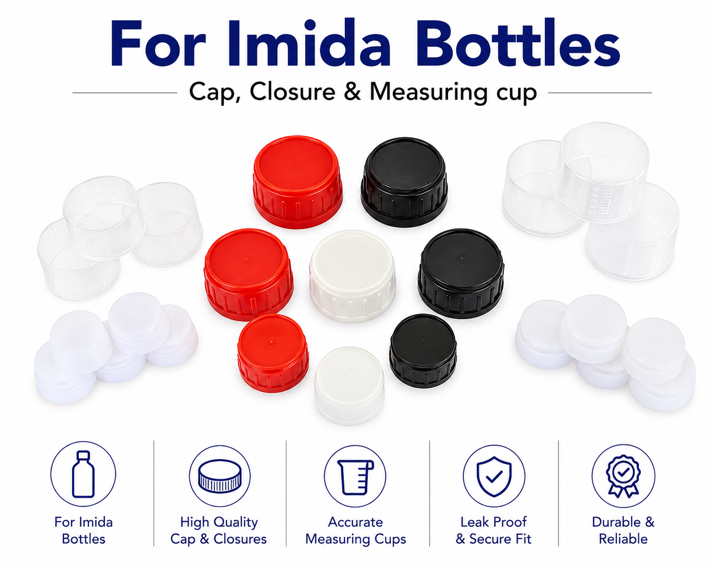 Imida caps, closures and measuring cups